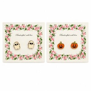 Handcrafted Halloween Stud Earrings Women OS Orange White Ghost Pumpkin Set